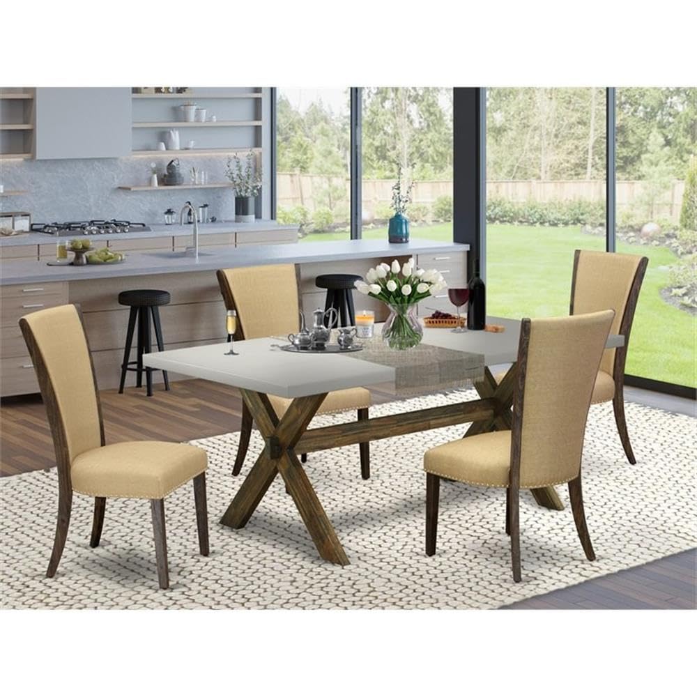 East West Furniture X797Ve703-5 5 Piece Dining Set Includes A Rectangle Dining Room Table With X-Legs And 4 Brown Linen Fabric Upholstered Parson Chairs, 40X72 Inch, Multi-Color